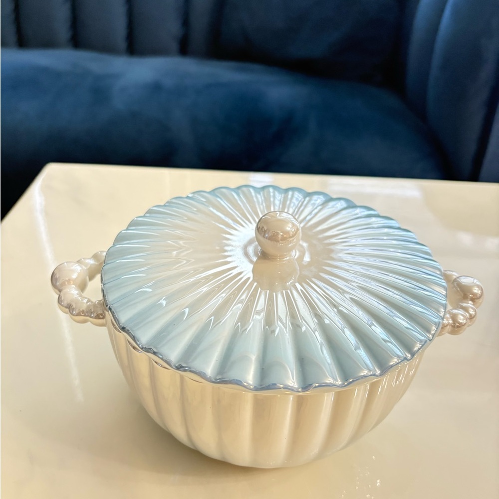Elegant Blue and Cream Ceramic Dish with Lid